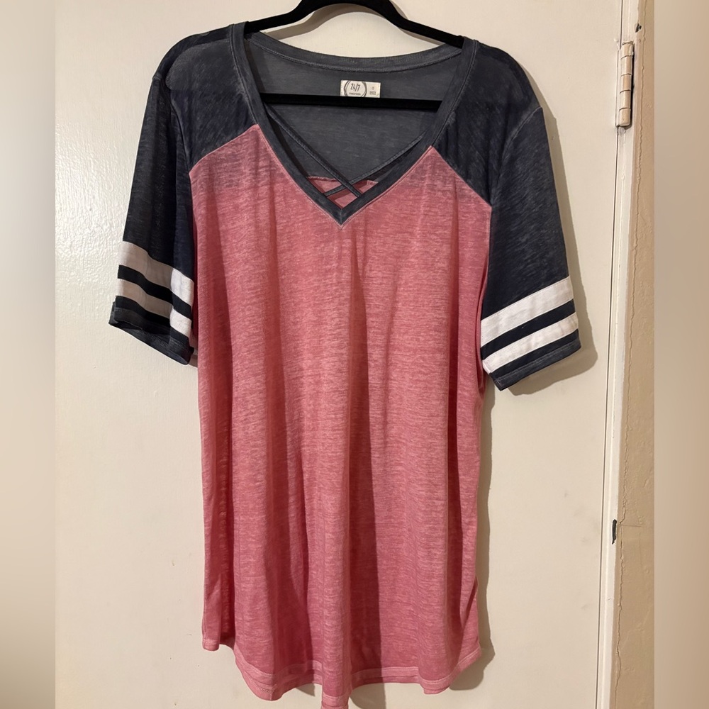 Casual Pink and Gray V-Neck Tee